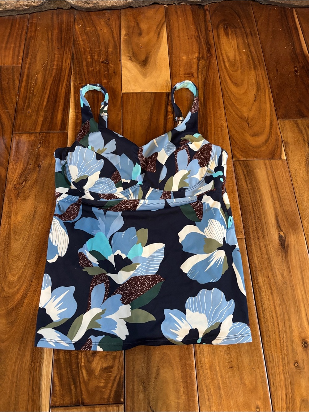 Athleta Navy Floral Swim Camisole with Blue and White Blooms